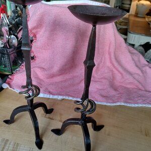 Hand forged iron candlesticks, pair, vintage, unusual open twist design